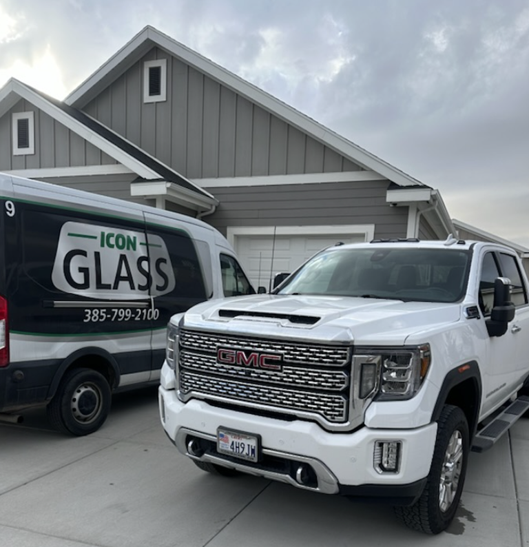 Icon Auto Glass branded service van parked at a customer's home in Utah